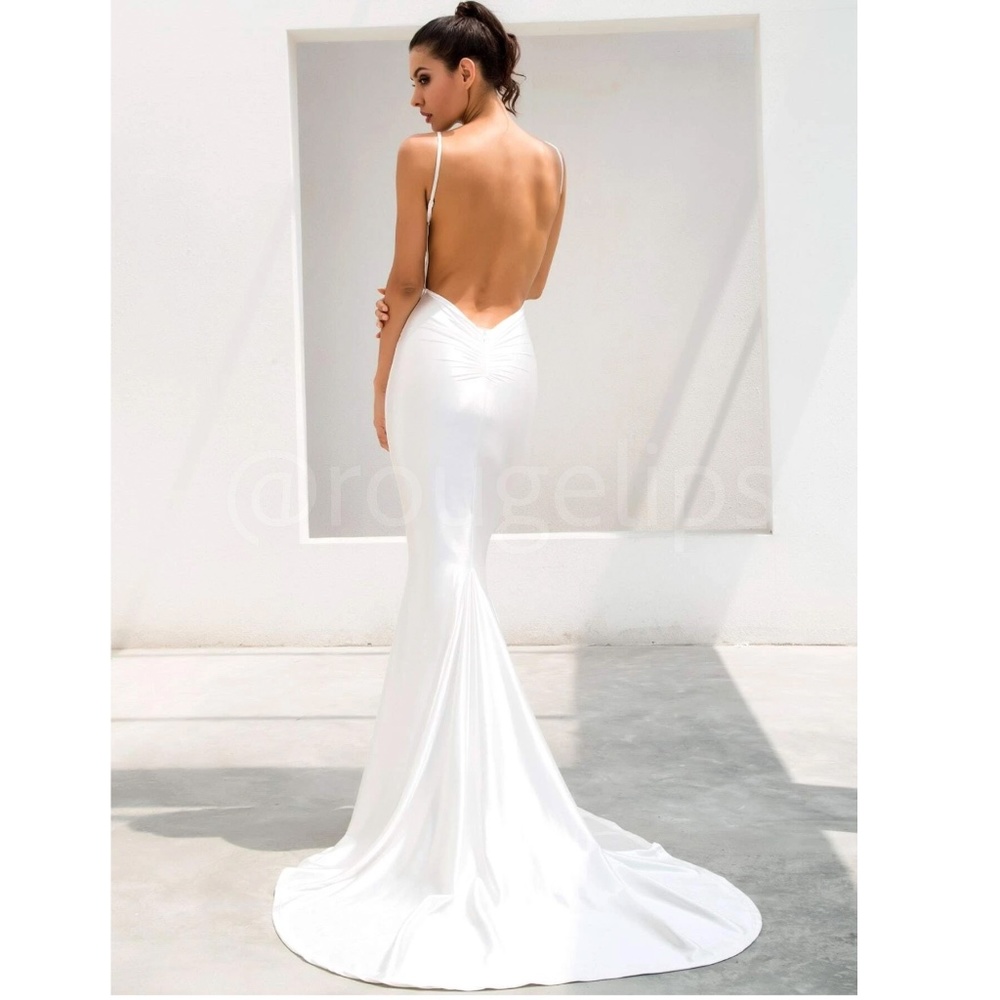 White Deep V Neck Backless Ruched Long Wedding Slip Sheath Dress - Picture 3 of 17